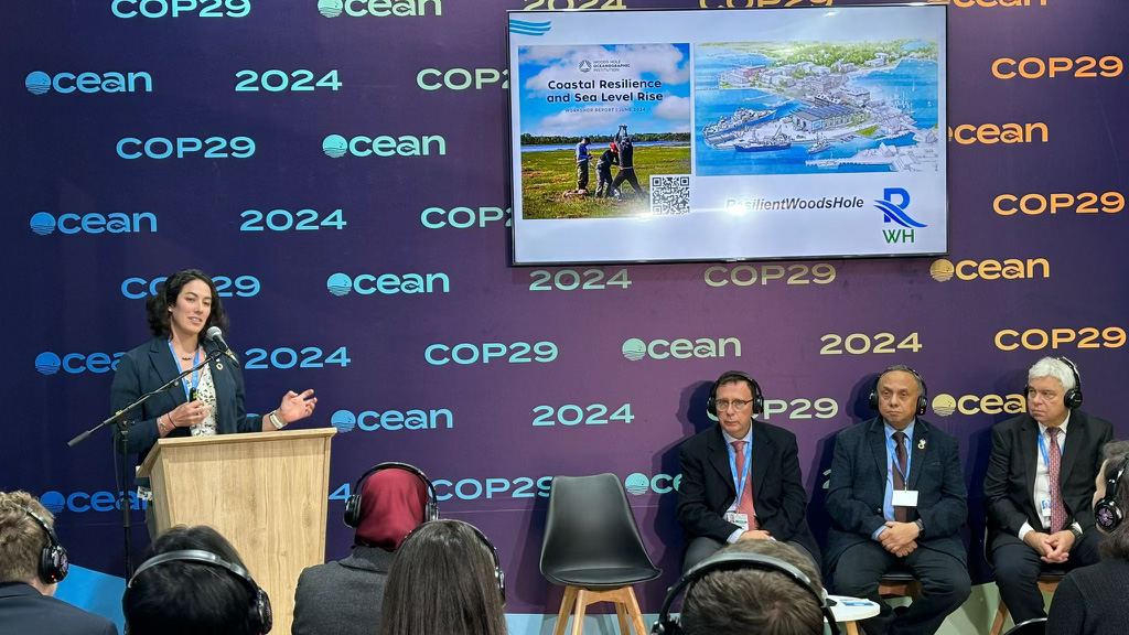 ResilientWdHole's tweet photo. Half a world away in Azerbaijan at the @COP29_AZ Ocean Pavilion, @WHOI  Research Associate Kalina Grabb is using ResilientWoodsHole as an example of how to address coastal climate resilience at the community level. Like nature, our work is part of a greater ecosystem where we share ideas and build upon successes together.

The COP Ocean Pavilion was started by WHOI and @scripps_ocean  at COP27 in Egypt and continues today under their leadership. It seeks to raise the profile and understanding of the role that the ocean plays in climate and to share the science behind it in an engaging way.

https://t.co/nCfTwyACWD

COP29 is the 29th annual United Nations Climate Change Conference, this year being hosted in Baku, Azerbaijan.

#sealevelrise #climatechange #climateaction #WoodsHole #CapeCod #cop29 #oceanpavilion
