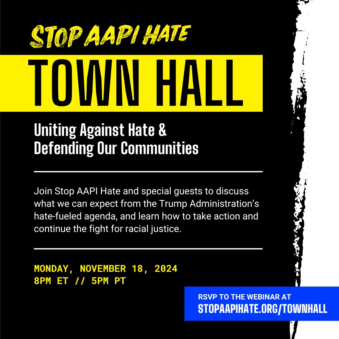 The next Trump administration poses an enormous threat to our rights, freedoms, and safety. Join our virtual town hall to learn about what comes next, &amp; how we can unite against Trumpism &amp; the incoming administration’s extreme, hate-fueled agenda.

🗓️RSVP: stopaapihate.org/townhall