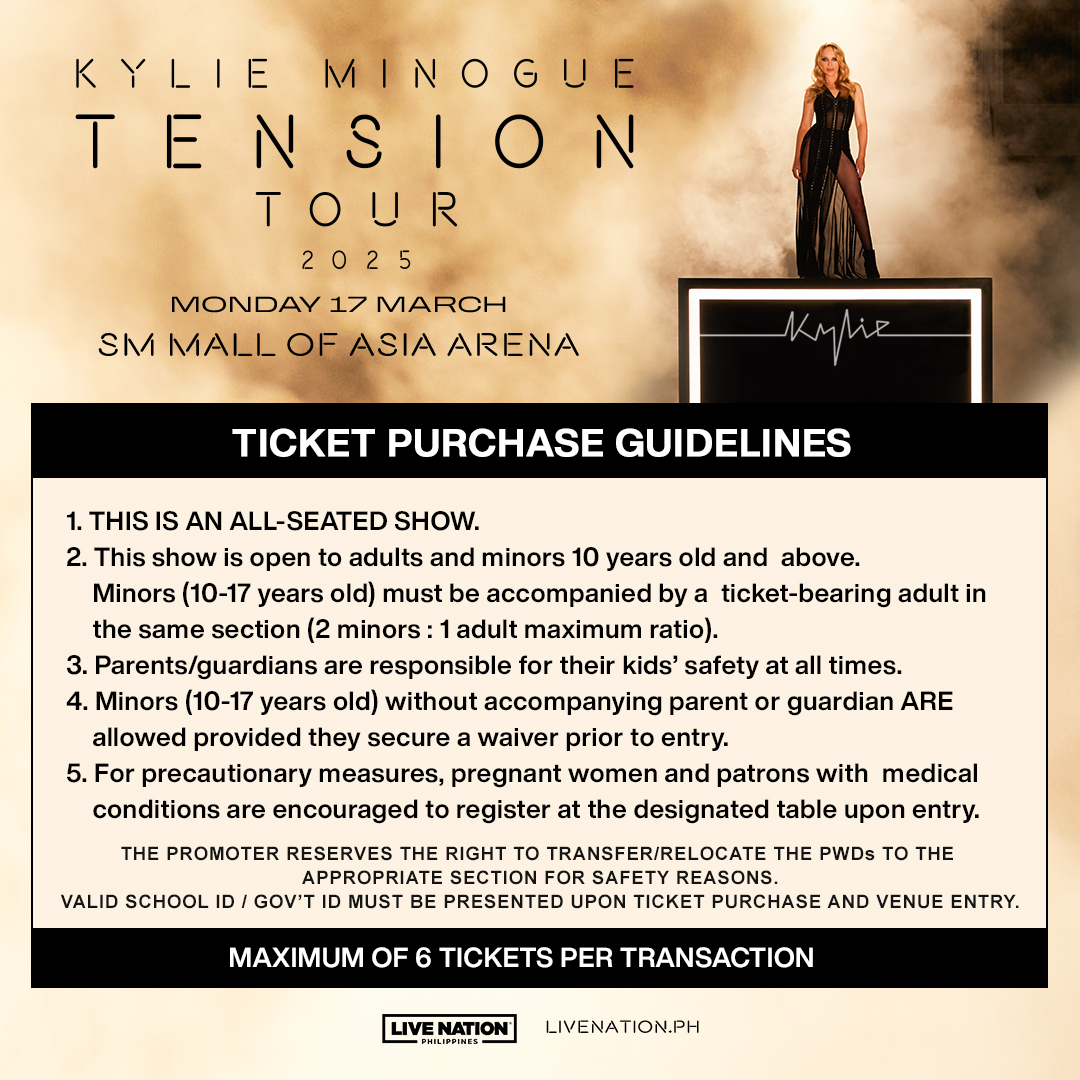 livenationph's tweet photo. Lovers, ICYMI, your Princess of Pop is coming to Manila! ⭐😍

Mark your calendars ✅
Kylie Minogue: Tension Tour 2025
📅 March 17, 2025
📍 SM Mall of Asia Arena

More details soon at https://t.co/W363tvuBcH.

#TensionTour2025
#KylieMinogueInManila https://t.co/Vow4jRe5gi