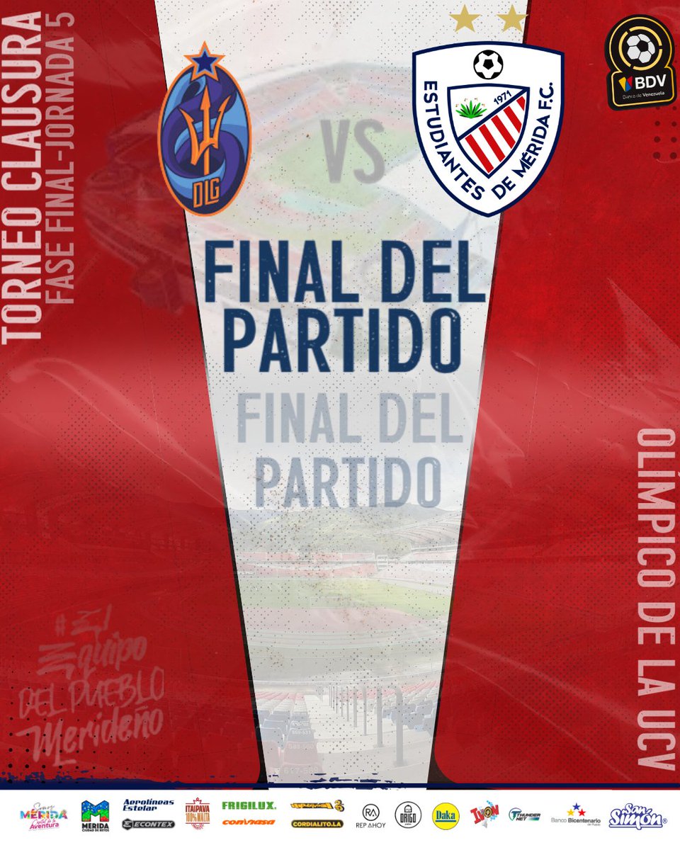 EstudiantesMEFC's tweet image. 🚩#J5
#FaseFinal

⏱️90+11&apos;

🎙️ Termina el encuentro en Caracas

@DvoLaGuaira 3️⃣-1️⃣ @EstudiantesMEFC

#ElEquipoDelPuebloMerideño 🔴⚪️
#LigaFUTVEBancoDeVenezuela