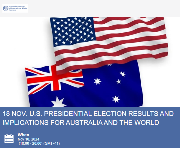 AIIA Tasmania (@aiiatas) on Twitter photo Please join us on Monday 18 November to hear <a href="/lgflake/">Gordon Flake</a> from <a href="/PerthUSAsia/">Perth USAsia Centre</a> share his assessment of the outcome of the U.S. election and its implications for Australia and the Indo-Pacific region.
Registrations: aiiatas.glueup.com/event/126100/ Please join us on Monday 18 November to hear <a href="/lgflake/">Gordon Flake</a> from <a href="/PerthUSAsia/">Perth USAsia Centre</a> share his assessment of the outcome of the U.S. election and its implications for Australia and the Indo-Pacific region.
Registrations: aiiatas.glueup.com/event/126100/