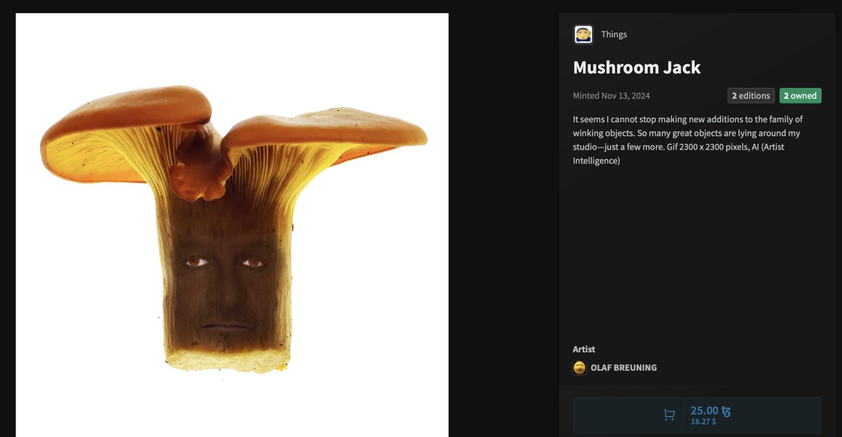Mushroom Jack on Objkt! It was a lousy mushroom season this year, but never less, Jack is winking. 

objkt.com/tokens/KT1EVdM…