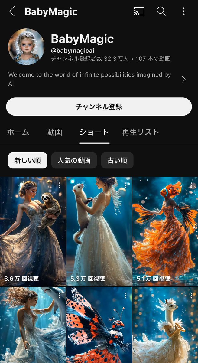 benta_page's tweet photo. 最近まで赤ちゃんAIが流行ってて再生取れてたけど、直近はアリメカゴットタレント✖️人と動物の合体になってる。YouTubeのトレンドの移り変わりは想像以上に早くなっています。←直近|過去→ https://t.co/Fz8CtNgXPd