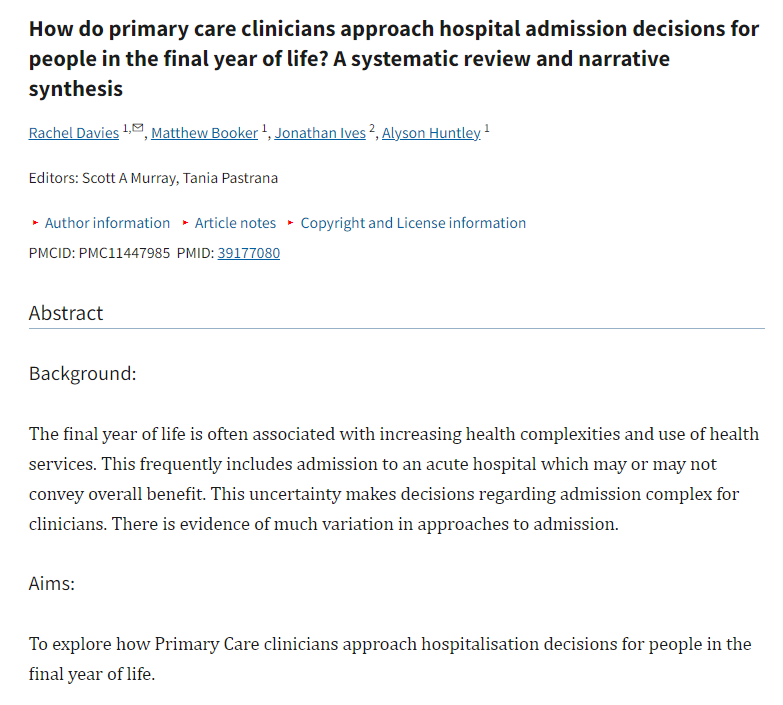 palliAGED's tweet image. Study spotlight 💡

Hospital admissions near the end of life can pose significant risks and may conflict with a person’s wishes. How do #PrimaryCare clinicians approach #hospital admission decisions for people approaching the #EndofLife?

Find out here ⏩ pmc.ncbi.nlm.nih.gov/articles/PMC11…