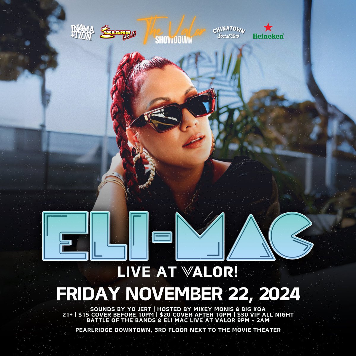 YOOOOOO Oahu!
🤙🏽😎🤙🏽
Can’t wait to see you guys next weekend in Aiea on Friday, November 22 
at Valor Pearlridge Downtown!
🙏🏽❤️‍🔥☺️💚🙏🏽

#elimac #hawaii #valor #valorshowdown #aiea #womeninreggae #islandvibes