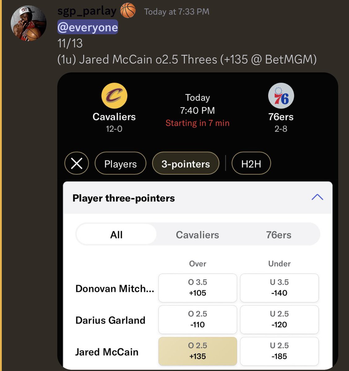 SGP_Parlay's tweet photo. Sending $100 to a FOLLOWER that RETWEETS &amp; LIKES this post!

1ST HALF CASH 🔥

✅ Jared McCain o2.5 Threes (+135 @ MGM, +145 @ Bet365, +130 @ FD)

PLUS MONEY 🤑

Shoutout to whoever tailed this in the Discord!

#Fanduel #GamblingX #GamblingCommunity #GamblingTwitter #PlayerProps https://t.co/86yV1W4LYc