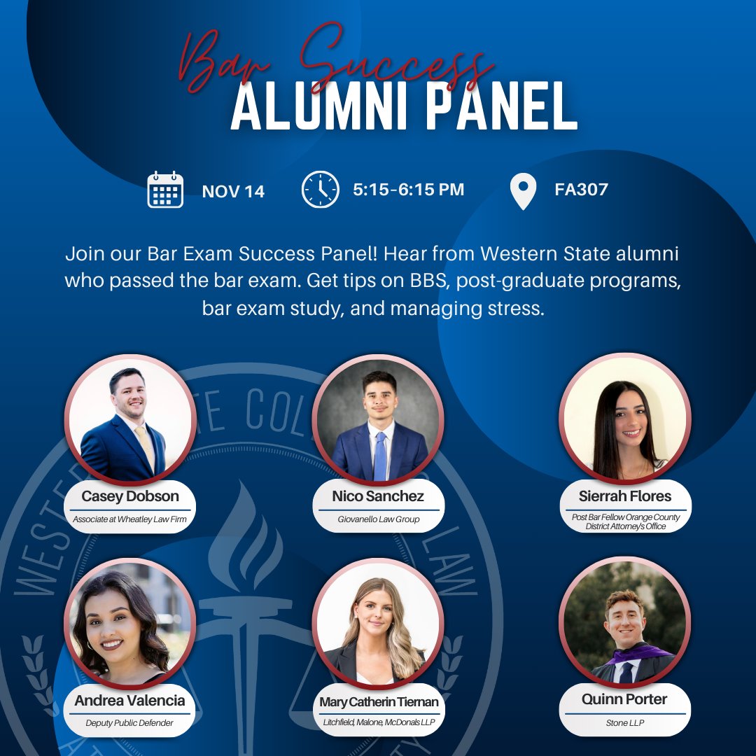 Join tomorrow's Bar Success Alumni Panel, where you'll get to hear from Western State alumni who have successfully passed the bar exam!

#WesternStateLaw #LawSchoolLife #BarExam