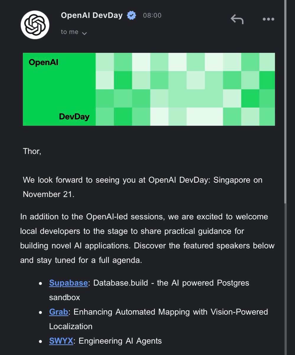 thorwebdev's tweet image. I'll be speaking at @OpenAI’s Singapore #DevDay next week, sharing the stage with @kevinwhinnery, @romainhuet, @swyx and co.

I'll be sharing some insights into how @ElectricSQL &amp;amp; @supabase created database.build

Who is joining IRL? Can't wait to see y'all!