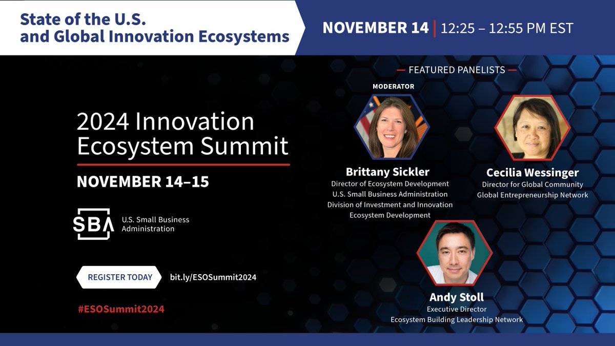 Don't miss the <a href="/SBAgov/">SBA</a> #ESOSummit2024 next week! Hear from SBA Investment &amp; Innovation Ecosystem Development, Ecosystem Building Leadership Network, and <a href="/unleashingideas/">Global Entrepreneurship Network</a> for a discussion of where the U.S. and global innovation ecosystems stand today. bit.ly/4fGAw4W