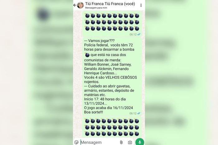 choquei's tweet photo. 🚨ATENÇÃO: Homem que morreu em explosão em frente ao STF afirmou, há algumas horas, que colocou bombas nas casas de William Bonner, José Sarney, Geraldo Alckmin e Fernando Henrique Cardoso. https://t.co/vFUzc86A1a