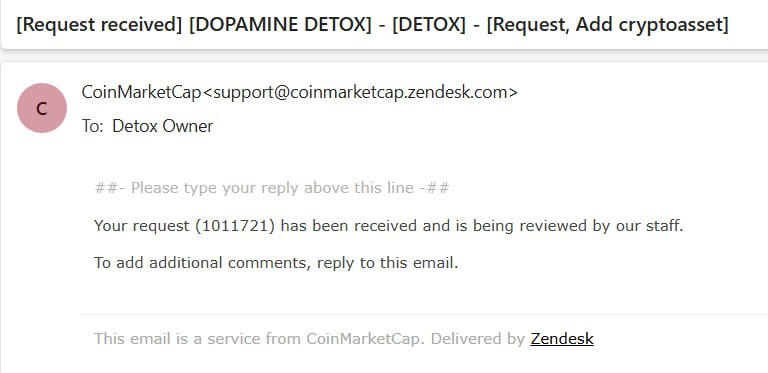 DopaDetoxCoin's tweet photo. We have applied for CMC

Ticket Number: 1011721 https://t.co/05yg7SrLgW