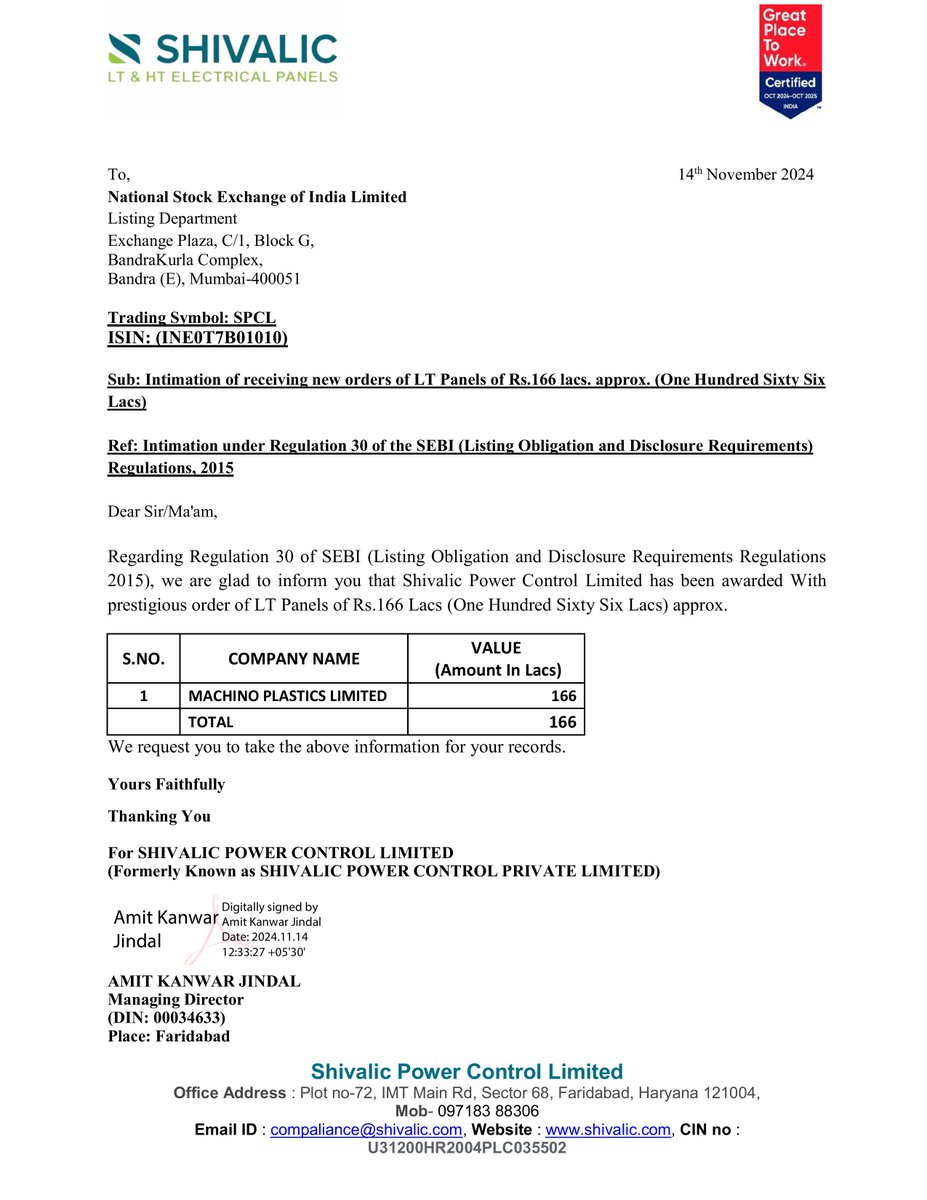nileshkurhade's tweet image. 📌 Shivalic Power Control Ltd informed the exchange about receiving a commercial order from Machino Plastics Ltd for LT Panels worth ₹166 Lacs. The project is scheduled for completion by December 2024. #SME #SPCL ⚡🔌