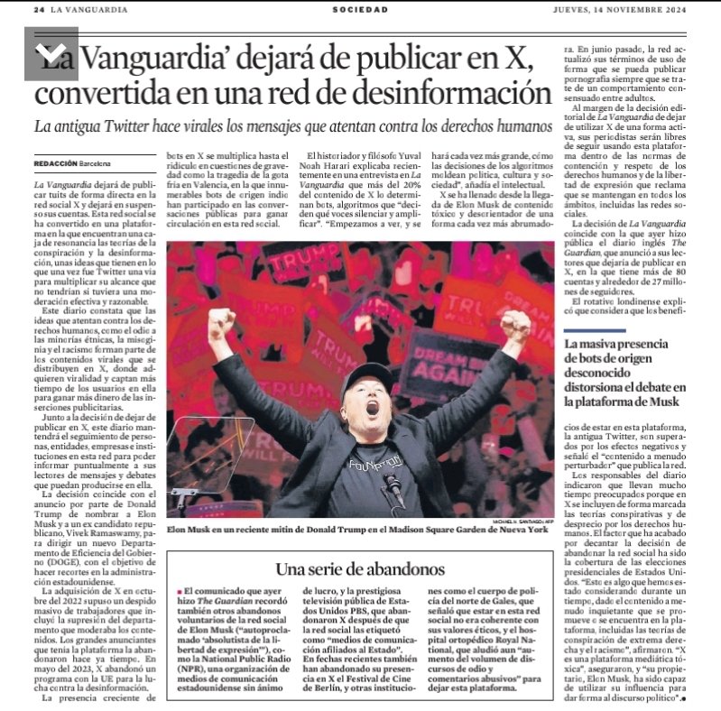 Catalan daily newspaper La Vanguardia joins The Guardian in deciding to stop publishing content on this platform.