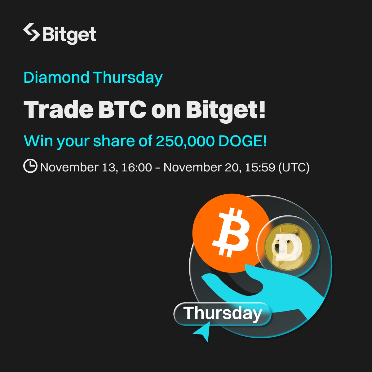 Diamond Thursday 💎 Join our Spot trading competition: Trade #BTC to share  250,000 $DOGE @dogecoin in airdrops! 📅 Until Nov 20, 16:00 (UTC) Join now:  https://t.co/XjJLnBS2JV
