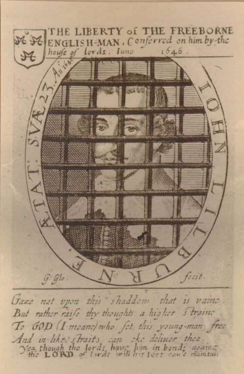 Anniversary of the 1640 release of 'Freeborn John' Lilburne from the Fleet prison. The two illustrations from his pamphlets, separated by years of civil war look like the first us of some sort of insta-filter !