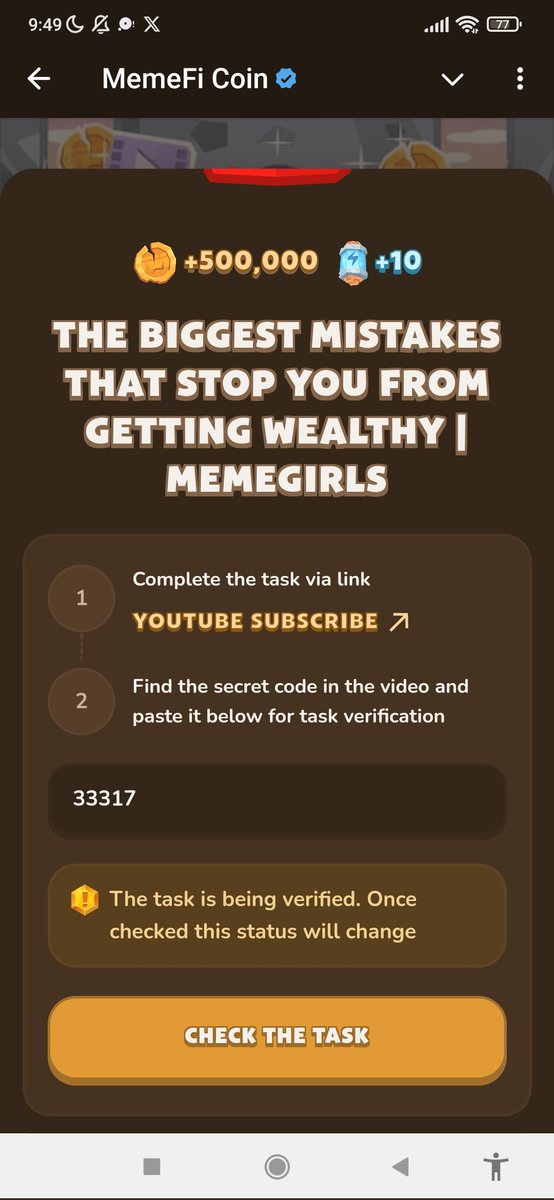 VaveylaCrypto's tweet image. Memefi Youtube Code 14 Nov
▶️ Make Easy Cash: $50 for Each Survey You Finish | MemeGirls
✍️ 21344
▶️ The Bear Market Chain Reaction: One Event, Millions Lost | Part 2 of 6
✍️ 55019
▶️ The Biggest Mistakes That Stop You from Getting Wealthy
✍️ 33317
#MEMEFİ #memeficode…