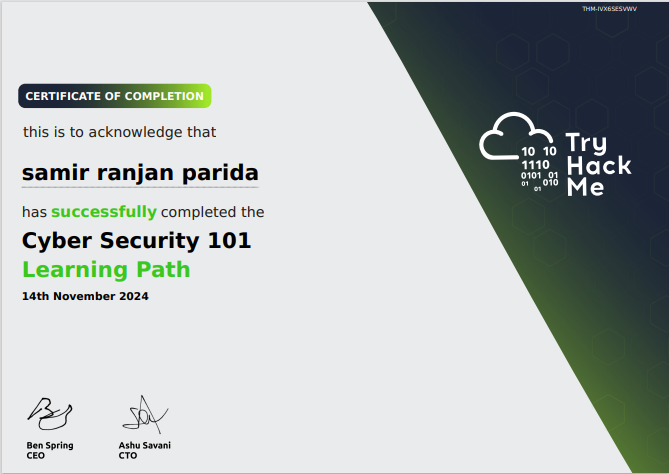 parida_samir's tweet photo. Cyber Security 101 Path ✅

Just completed the room and got my certificate.
Shout-out to TryHackMe for such an amazing room 🚀
#tryhackme

#cybersecurity101
#CyberSecurity
#InfoSec
#DataProtection
#ThreatHunting
#zerotrust
#trending https://t.co/aPpToST2cV