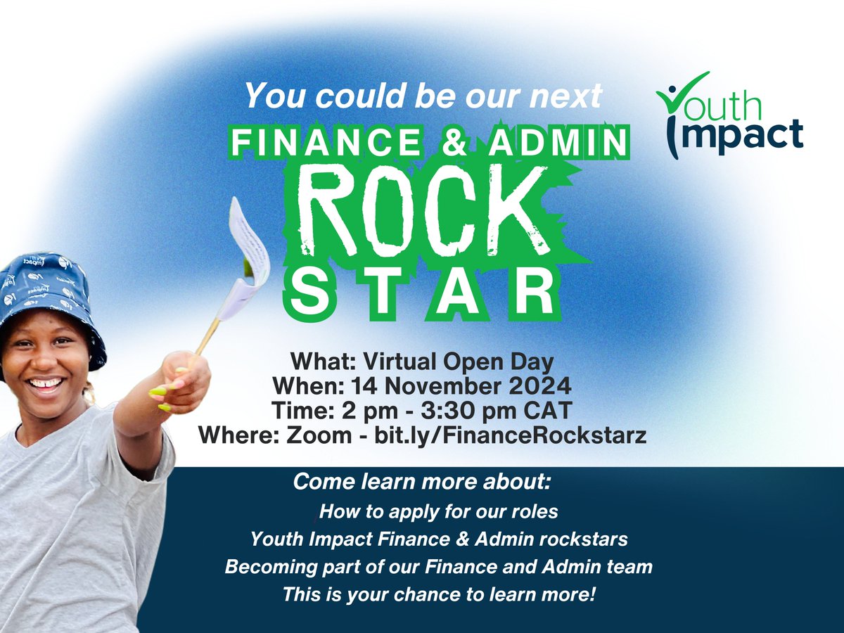 Are you a Finance professional? Have you always wondered what it takes to be part of the Youth Impact Finance and Admin team? You're invited to our Finance and Admin Open Day event this afternoon at 2 p.m. CAT. 

Join us to gain insights on applying for the open Finance Associate
