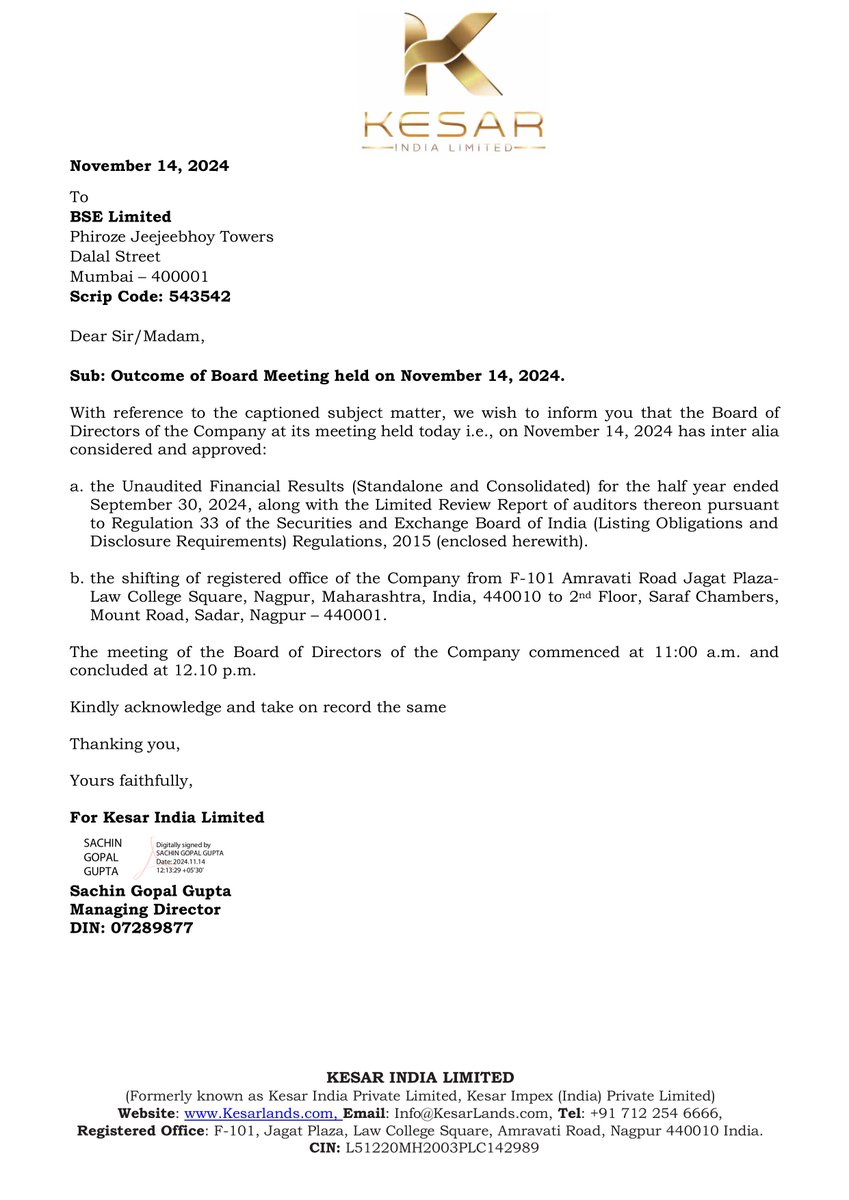 nileshkurhade's tweet image. 📌 Kesar India Ltd informed the exchange about its approval for the financial results for the half year ended September 30, 2024. #SME #KESAR 📄🧾