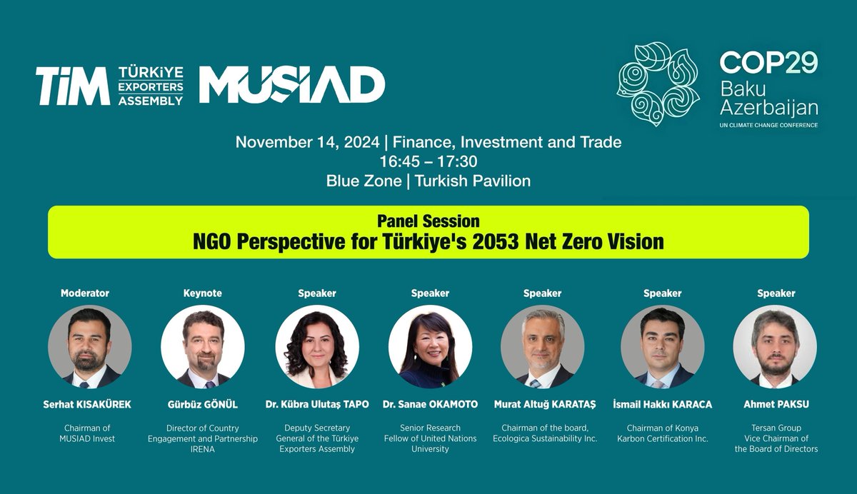 turkihracat's tweet photo. Azerbaycan’ın başkenti Bakü'de düzenlenen Birleşmiş Milletler İklim Değişikliği Çerçeve Sözleşmesi 29'uncu Taraflar Konferansı’nda (@COP29_AZ) Türkiye İhracatçılar Meclisi olarak sürdürülebilirlik odaklı projelerimizle yer alıyoruz.🌿

14 Kasım Perşembe günü (BUGÜN) 16:45-17:30 saatleri arasında düzenlenecek olan "Türkiye’nin 2053 net sıfır vizyonu için perspektif" başlıklı TİM-@MUSIAD ortak oturumunda ülkemizin net sıfır hedefi, sivil toplum kuruluşları perspektifinden ele alınacak.🌍

Türkiye Pavilyonu’nda gerçekleştirilecek panelde, Genel Sekreter Yardımcımız Dr. Kübra Ulutaş Tapo ve TİM liderliğinde yürütülen @InnoGuideHE projemizin konsorsiyum paydaşı ve @UNUniversity Kıdemli Araştırmacısı Dr. Sanae Okamoto değerlendirmelerde bulunacak.🌟