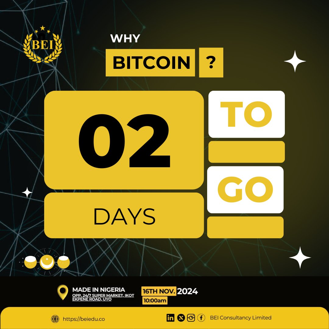 BEI_edu's tweet image. 2days remaining! 

What does the future hold with Bitcoin? Let’s explore the possibilities at the why Bitcoin event. 

 #WhyBitcoin #bullrun #beiconsultancylimited