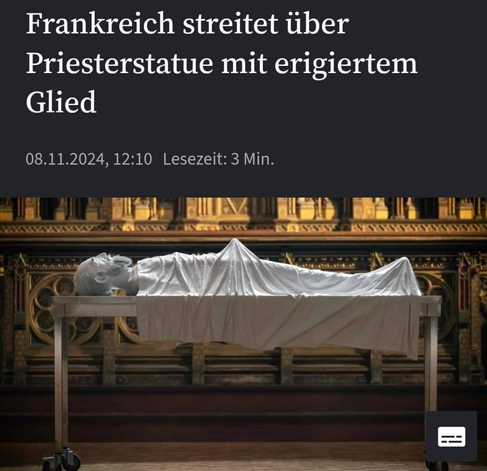 samael_of's tweet photo. "In Frankreich flammt die Debatte um Missbrauch in der katholischen Kirche neu auf. Auslöser ist eine Statue des Künstlers James Colomina, die den toten Priester Abbé Pierre mit erigiertem Penis zeigt. Über Jahrzehnte missbrauchte er Minderjährige." https://t.co/fQTxeZsqo5