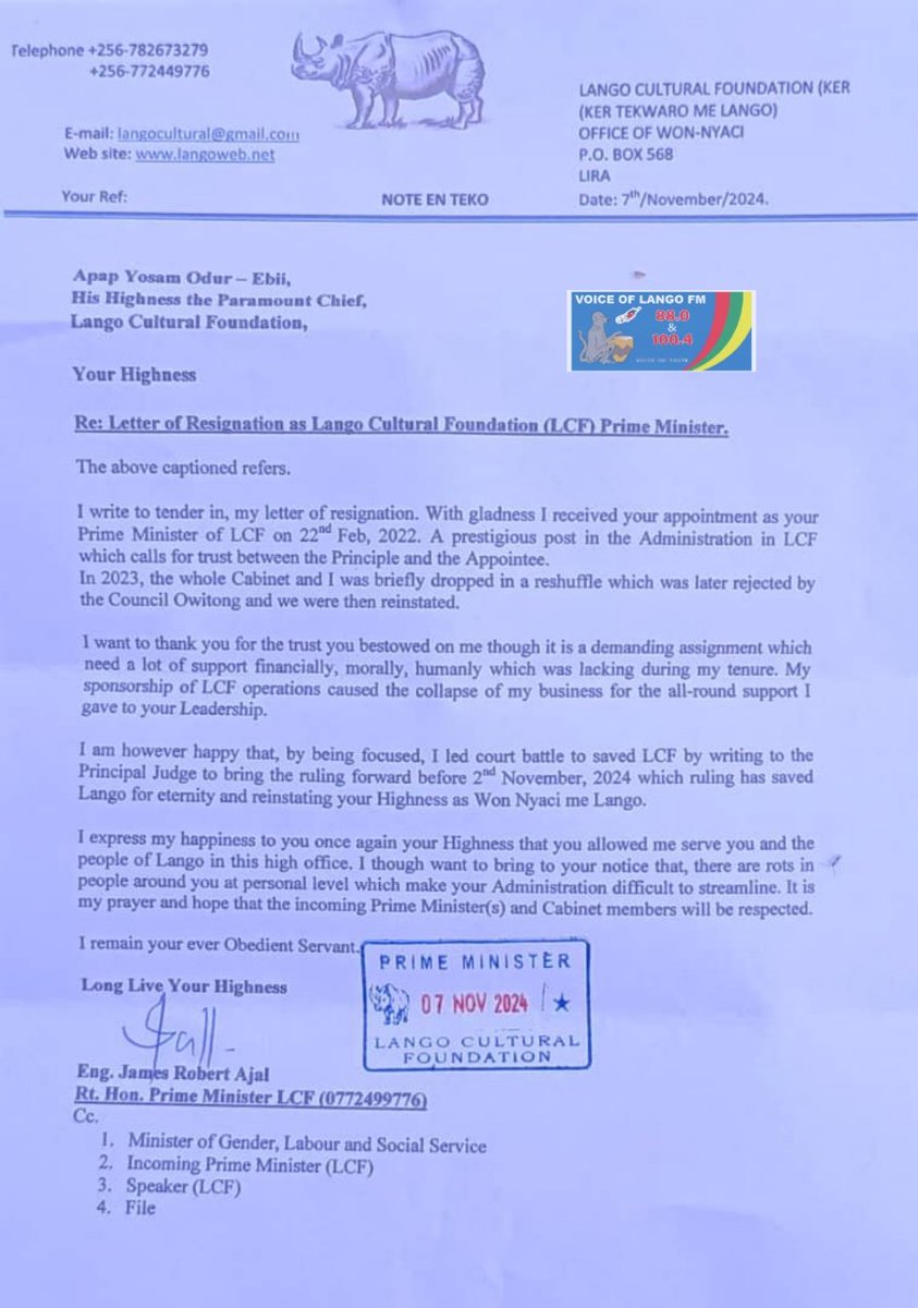 Lango Cultural Foundation Premier James Robert Ajal resigns. 

#VOLUpdates #VOLNews