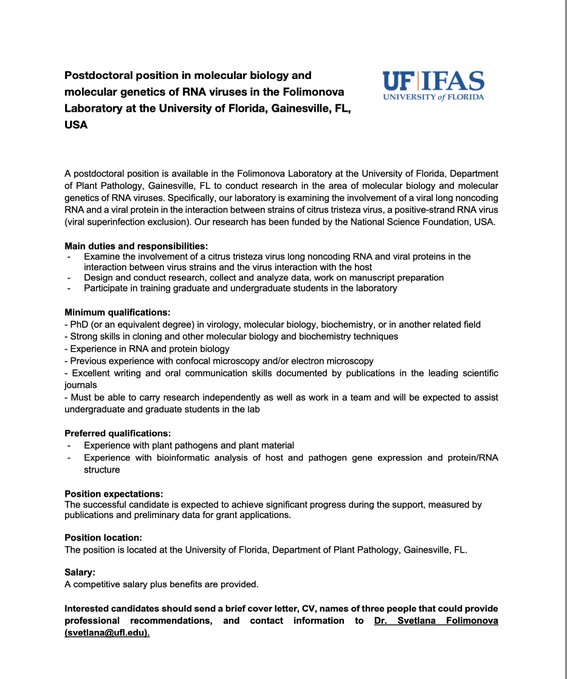Kunlebayo2's tweet image. 🚨 Postdoctoral position available in the @FolimonovaLab at the University of Florida, Department of Plant Pathology! Research focus: molecular biology &amp;amp; molecular genetics of RNA viruses. Contact Svetlana at svetlana@ufl.edu if interested. #Postdoc #PlantPathology #RNAviruses
