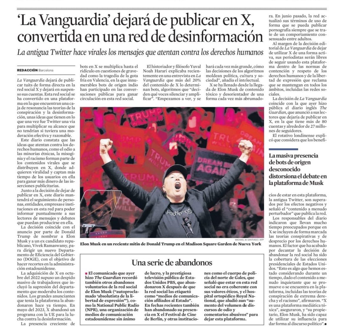 Casi al tiempo que The Guardian, <a href="/LaVanguardia/">La Vanguardia</a> deja de publicar en X. Una decisión que pronto deberán tomar otros medios, y que afrontaremos todos: legitimar un espejismo de espacio público concebido hoy para erosionar a las democracias o desligitimarlo yéndonos y desnutriéndolo.