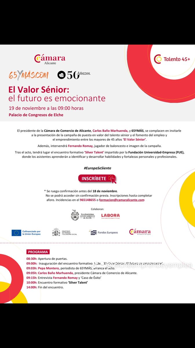 🚀 
El 19 de noviembre encuentro Formativo Silver Talent 
👉 Inscripción  bit.ly/40PMYvf 💼✨
✅ Más información: bit.ly/3UO43BM
👉 Si estás desempleado o inactivo, este encuentro es para ti
#TalentoSénior #SilverTalent  #Oportunidades  #Elche  #ElcheEmprende