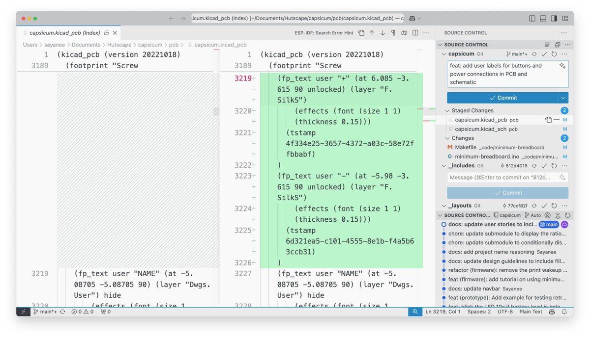 sayanee_'s tweet photo. I always use CoPilot to generate Git commit messages for code. 

But, today I was pleasantly surprised that it can create a commit message on KiCad schematic and layout changes too! Because these files are also based on text 🤩 https://t.co/u9pN549QzF
