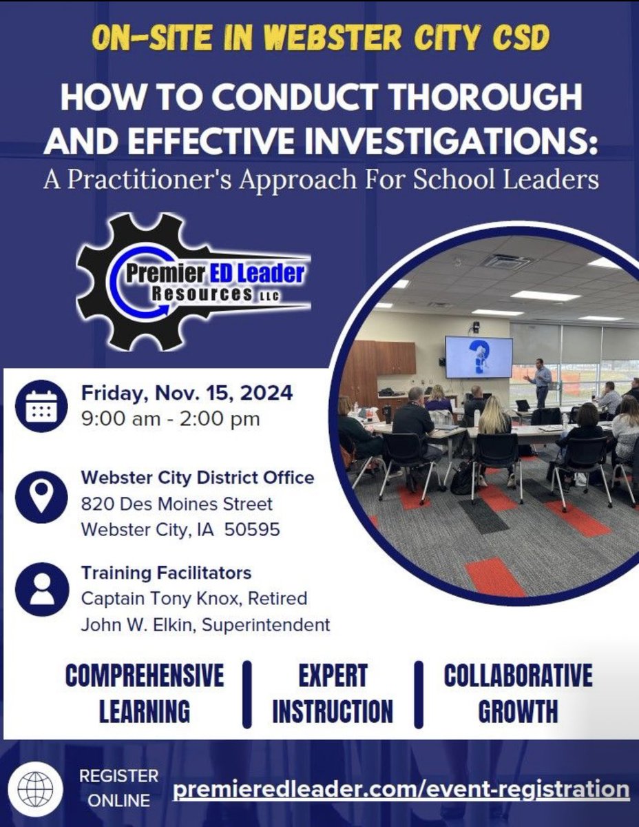 PremierEDLeader's tweet image. 🚀 Excited to bring on-site training to Webster City on 11/15/24! It's a true privilege to have reached the milestone of working with 102 leaders from 40 Iowa districts since Spring 2023. 🌟