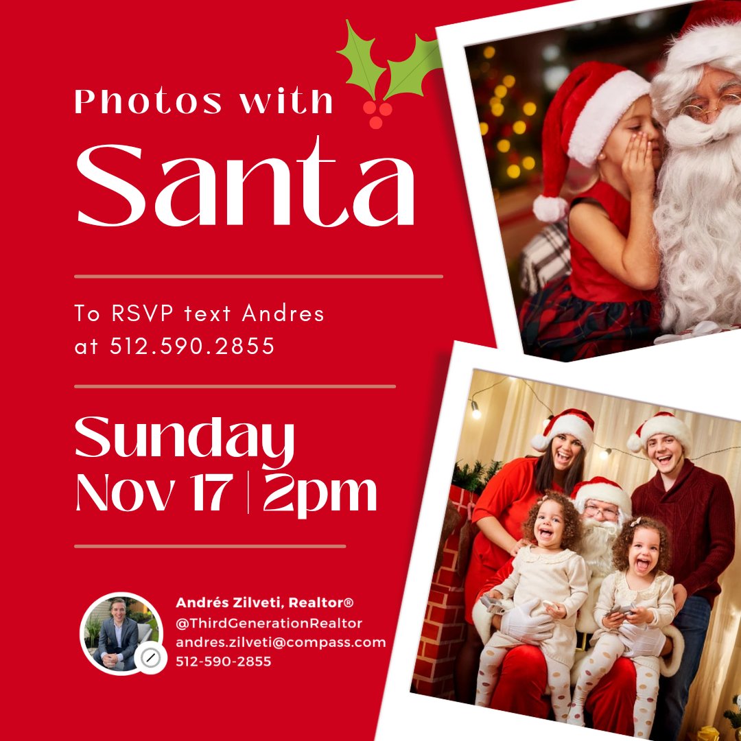 We still have a couple of spots left for free Santa photos this Sunday! Text me at 512.590.2855 to book your spot!

#thirdgenerationrealtor #Realtor #houstonrealestate #ThisisCompass #CompassTeam