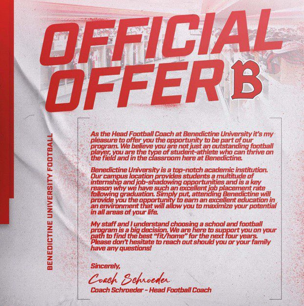 GraysonOwens20's tweet photo. After a great talk with @CoachSchradesBU I am blessed to say I have received my second offer from Benedictine University! @BenUFootball @Coach_Pearlman @_CoachKennedy_ @Rgw114G @wnfalconfb @EDGYTIM https://t.co/sAasnOHpf9