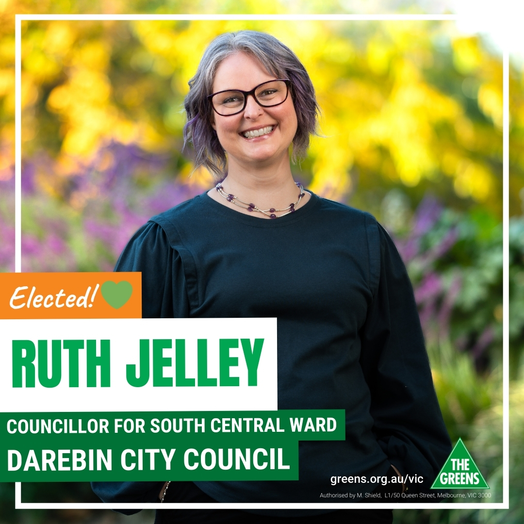 🎉 BREAKING: Ruth Jelley elected in Darebin City Council!

Ruth is passionate about local climate action, creating safer streets and restoring integrity to council. 

Congrats Ruth!