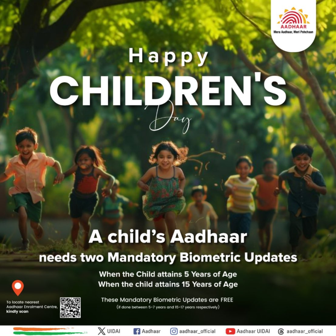 Every child is unique and so is their identity. Update your child's biometrics timely and give them their unique identity. Aadhaar wishes you all Happy Children's Day. 

#Aadhaar #Children'sDay
