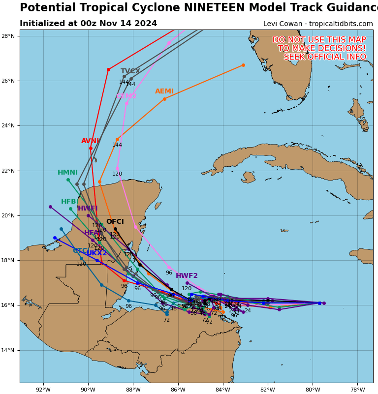 FloridaTropics1's tweet photo. The 0z spaghetti models and intensity guidance for #PTC19. https://t.co/ODTJSstrVV
