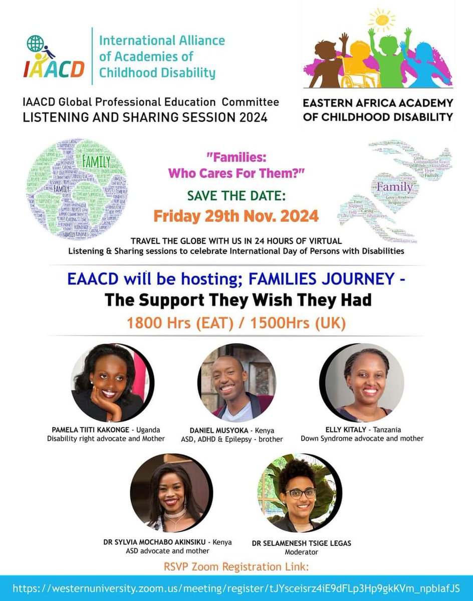 🌟 🌟
 #IAACD INTERNATIONAL DAY OF PERSONS WITH DISABILITIES! JOIN #EAACD inspiring panel conversation on FAMILIES, THE SUPPORT THEY WISH THEY HAD.  

📅 When: November 29th, 2024, 1800-1900 EAT

🔗 Register at westernuniversity.zoom.us/meeting/regist…
 🌍✨24HOURS SESSION iaacd.net/kh-home/listen…