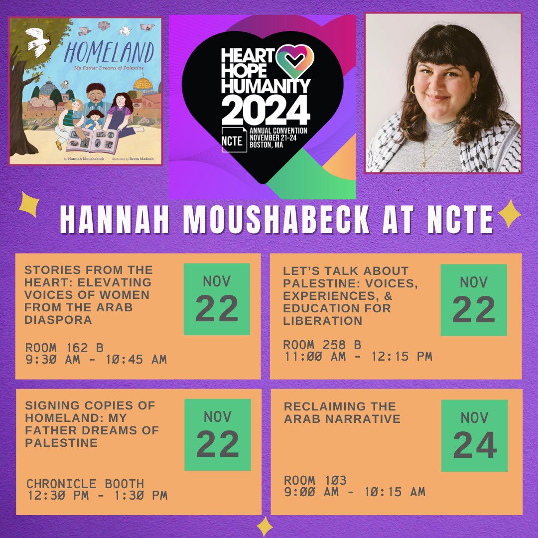 I’ll be wearing two hats at NCTE! Come see me as an author at one of my panels or signing or stop by the <a href="/InterlinkBooks/">Interlink Publishing</a> (booth #916) and for a hug and a 🇵🇸 pin.