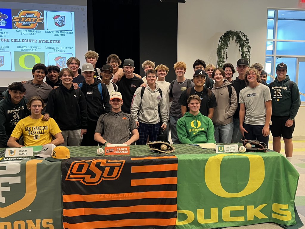 Royal HS baseball (@baseball_royal) on Twitter photo Congratulations to our 3 seniors signing their National Letters of Intent to play Division I baseball next year!๐โพ๏ธ๐
Brady Hewitt - University of Oregon
<a href="/BradyHewitt13/">Brady Hewitt</a>
Zach Nagy - University of San Francisco
<a href="/zachnagy9/">Zach Nagy</a>
Caden Sramek - Oklahoma State University
<a href="/caden_sramek/">Caden Sramek</a> Congratulations to our 3 seniors signing their National Letters of Intent to play Division I baseball next year!๐โพ๏ธ๐
Brady Hewitt - University of Oregon
<a href="/BradyHewitt13/">Brady Hewitt</a>
Zach Nagy - University of San Francisco
<a href="/zachnagy9/">Zach Nagy</a>
Caden Sramek - Oklahoma State University
<a href="/caden_sramek/">Caden Sramek</a>