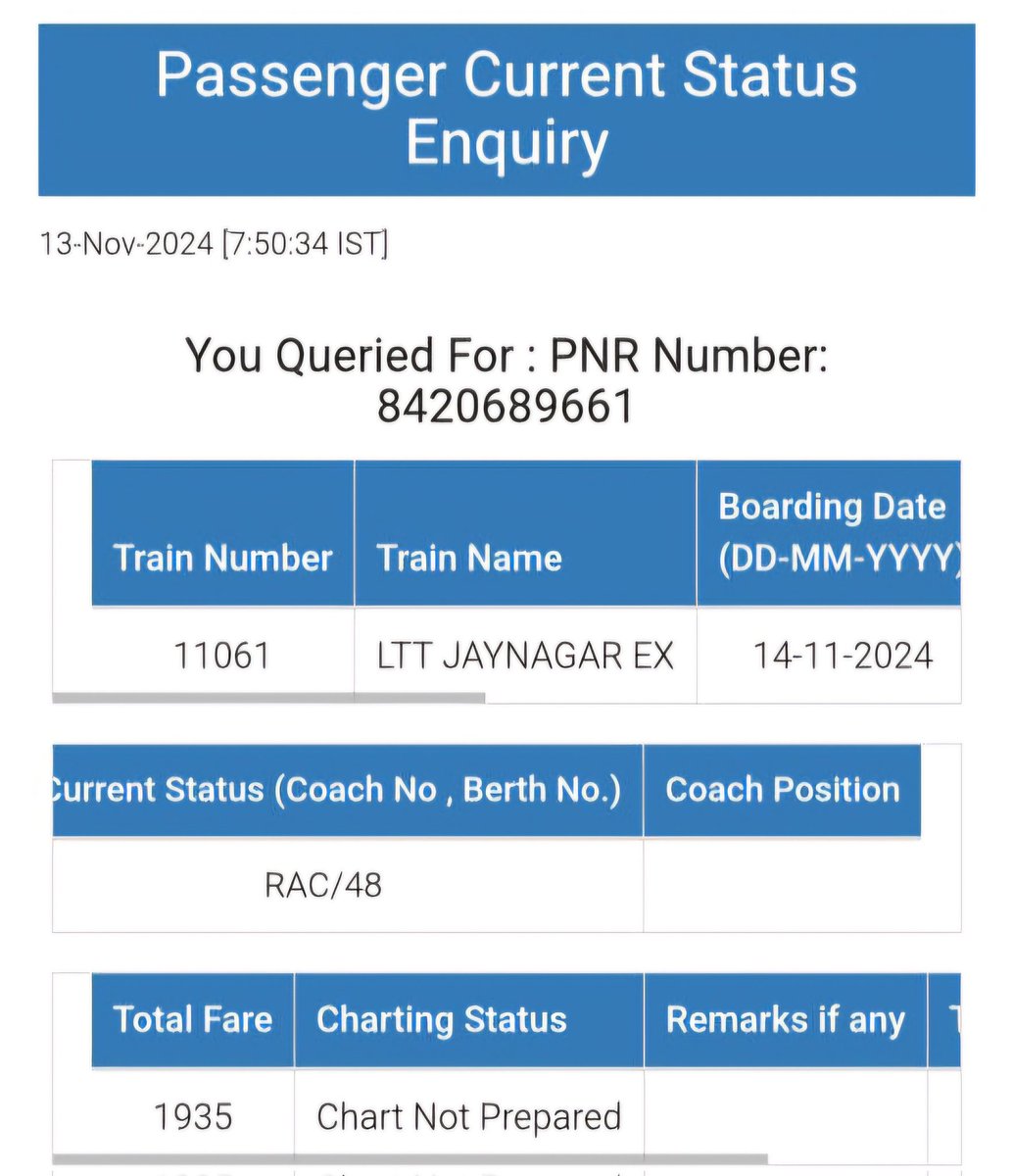 AjayKumarSafi2's tweet photo. @RailMinIndia @RailwaySeva @AshwiniVaishnaw jb mera ticket PNR NO- 8420689661 (kalyan to Madhubani) kal RAC/48 tha phir aaj chart prepared hua to WL/1 ho gya aisa kyu.. Railway ka seva itna kharab ho gya hai... https://t.co/l6NmeIUMmI