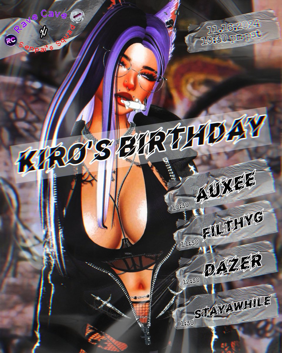 This. Saturday. Rave Cave x Senpai’s Squad host Kiro’s birthday event!

.Auxee
<a href="/filth666_/">FilthyG</a> 
<a href="/dazer0/">Dazer</a> 
<a href="/Stayawhilevr/">Stayawhile</a>