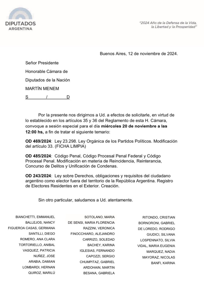 FerIglesias's tweet photo. Los diputados del @proargentina, acompañados por los de LLA, la UCR  y algunos de otros bloques, pedimos convocar una sesión especial el miércoles de la semana que viene para tratar 1) #FichaLimpia, 2) reiterancia y 3) ley de voto de los argentinos en el exterior. Que no decaiga! https://t.co/lADT7PzZZF