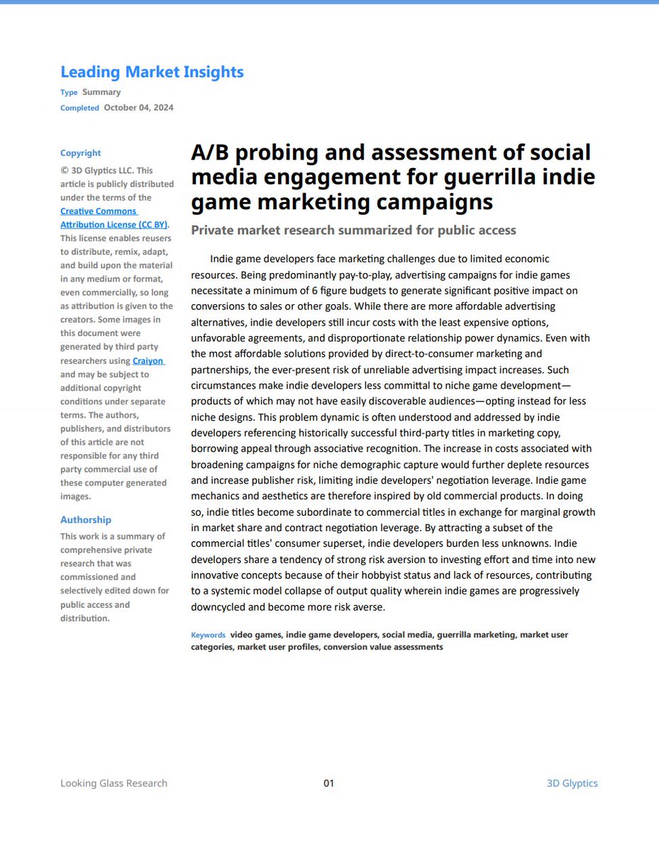 3DGlyptics's tweet photo. Due to popular demand, here is the summary of my commissioned research paper, "A/B probing and assessment of social media engagement for guerrilla indie game marketing campaigns", so that you may all enjoy

Pages 1-4/7 https://t.co/4cN4Um5Cvi