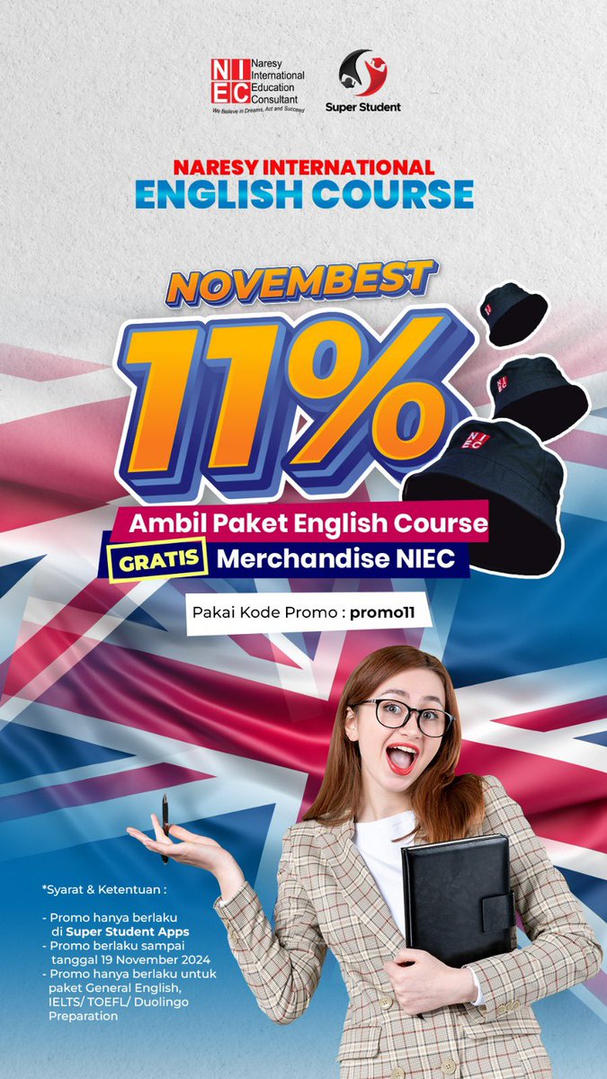 ✨ PROMO 11.11 ALERT ✨

Spesial buat kamu yang mau improve skill bahasa Inggris! Ada DISKON English Course di NIEC untuk program seru seperti General English, IELTS, TOEFL, &amp; Duolingo Preparation! 🎉