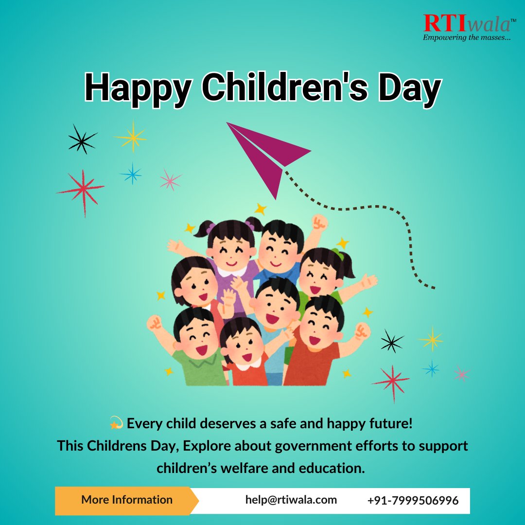 RTIwala's tweet photo. This #ChildrensDay, let’s work together to secure a bright future for our children.
Utilize RTI to access information on child welfare programs and policies.
File your #RTI with #RTIwala today!
Just call 7999506996 for quick help.
#Legatech #ChildrensDay2024 #ChildWelfare https://t.co/mkW4uejIM8