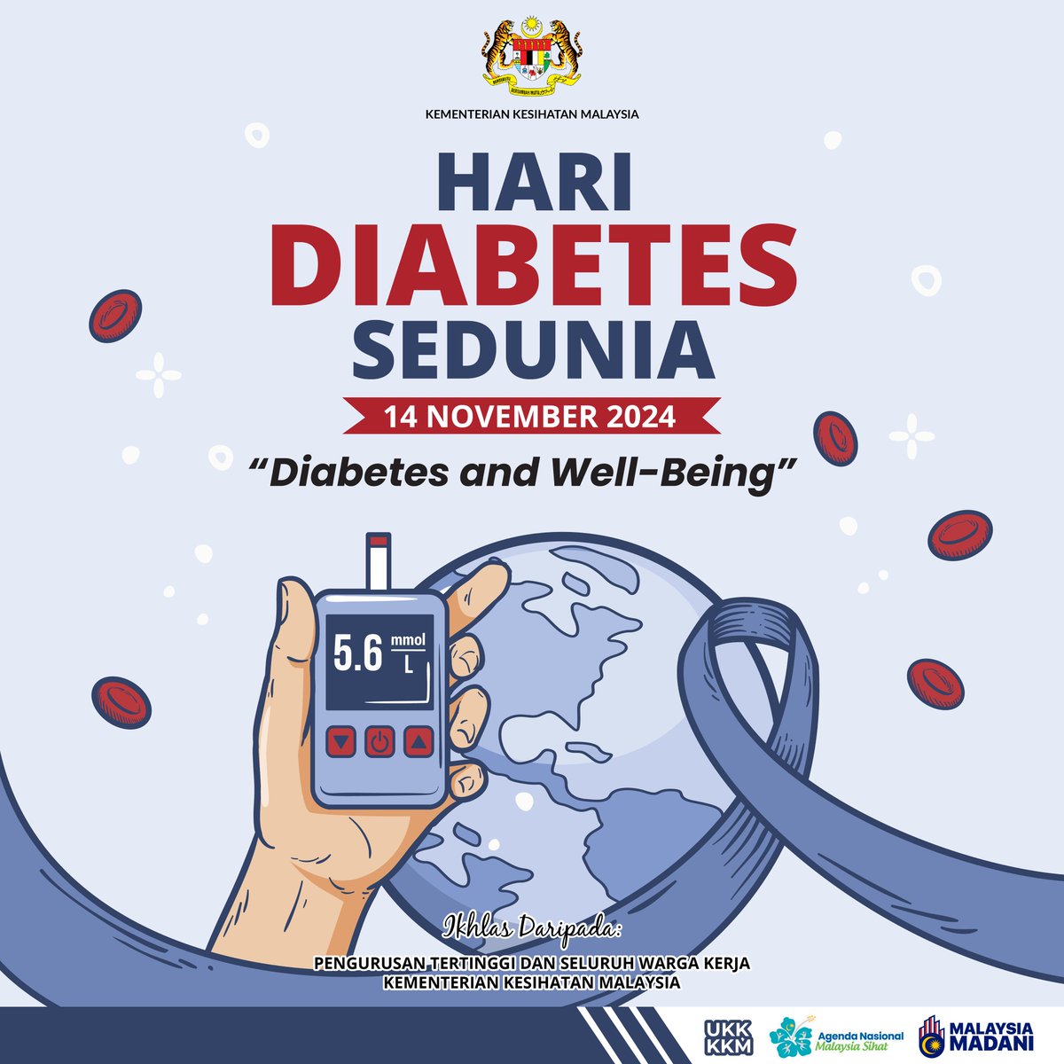 KKMPutrajaya's tweet photo. Laporan NHMS (2023) menunjukkan bahawa 1 daripada 6 individu dewasa di Malaysia menghidap penyakit diabetes. 

Bersempena Hari Diabetes Sedunia ini, tingkatkan kesedaran kita mengenai penyakit Diabetes dan terapkan strategi amalan cara hidup yang sihat seperti pemakanan sihat dan seimbang serta kerap melakukan aktiviti fizikal untuk mengelak penyakit ini.

🩸 Jom Saring. Ketahui bacaan paras gula anda dengan melakukan saringan kesihatan.

#KKMPrihatin
#KKMSihat
#MalaysiaMadani