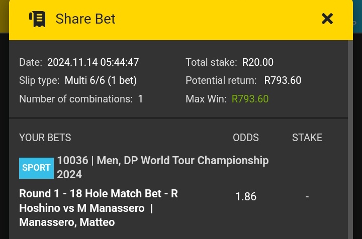 ddt_golf25's tweet photo. Good morning let's play golf @Easybet_SA 🏌️🏌️🏌️🏌️🏌️

Tee Off : 06:30

Copy Betslip
https://t.co/SnNcdmS7Iw Book a bet https://t.co/ojKPHRx0BF

Betslip Code : 734395

Promo Code : DDT50
18+ T&amp;CS Apply 

R50 Sign up Bonus 
Register
https://t.co/WsEsxBjkjZ

#YellowArmy  #EASYBETSA https://t.co/bJEZYDUx6p