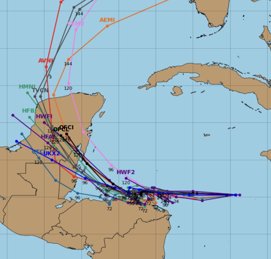 TexasTropics's tweet photo. Models trending more westward tonight for #PTC19. Even the GEFS ensembles have fewer solutions going unscathed through the Yucatan channel. Still not a formed cyclone though so models will be more erratic. Stall expected near Honduran coast over the weekend. https://t.co/QqBFQZ56UH