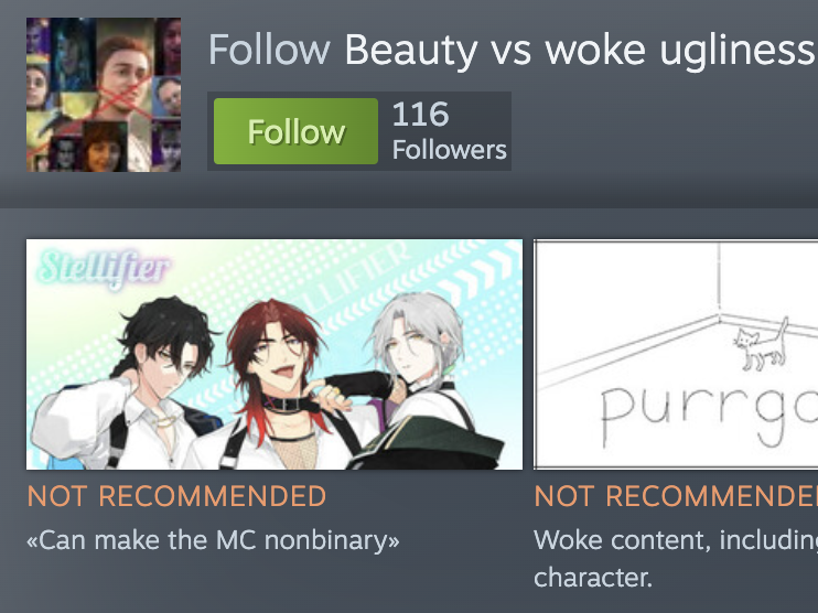 nochistudios's tweet photo. Getting ready to launch #Stellifier- an otome game where you can choose your gender pronouns, playing as a journalist covering older idols making a comeback from retirement, or romancing them💫
We just noticed this bizarre "not-recommended" since we offer pronoun customization💀 https://t.co/73rNtmWy2R